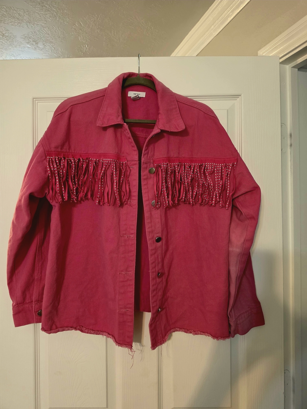 Forever 21 Hot Pink Fringe Beaded Denim Jacket